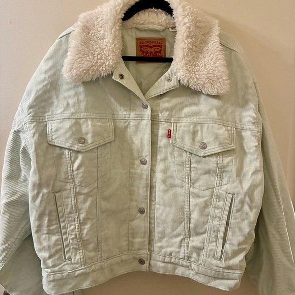 Levi's Mint Green Corduroy Sherpa Collar Cropped Trucker Jacket Grunge EUC XL - Picture 3 of 11